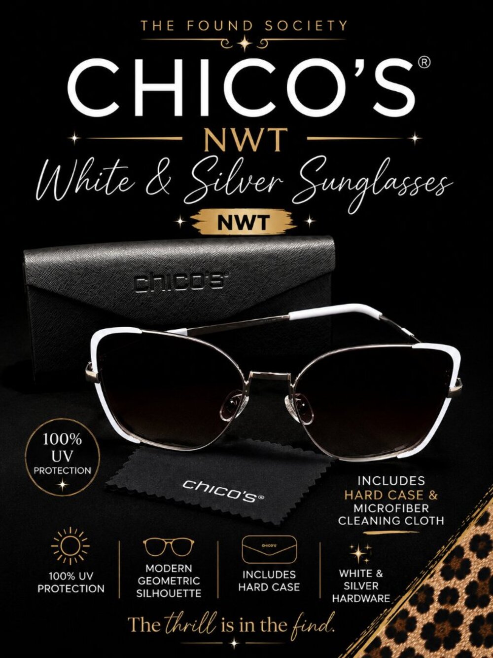 Chico's NWT White Silver Geometric Sunglasses UV Protection w/ Case